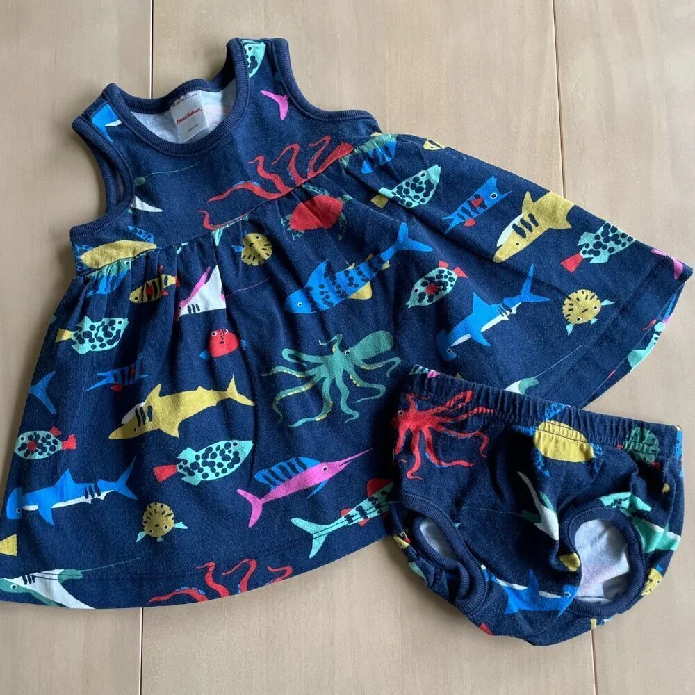 Hanna Andersson Baby‎ Print Dress & Bloomer Set, Aquarium - Size 6-12 Months
